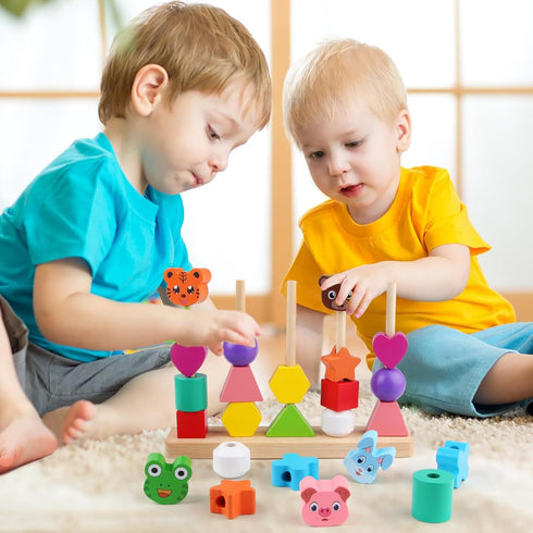 Animal Baby Toys for Boys Girls - Cute Wooden Bead Sequencing Set with Rabbit, Bear, Tiger, Pig, Frog for Early Learning