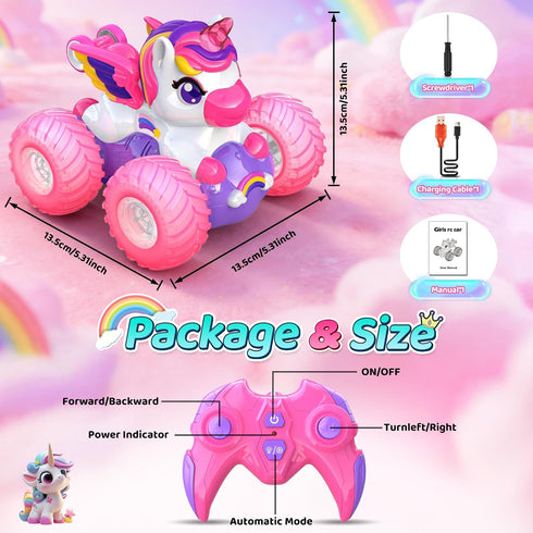 Girls,360 4WD 3 4 5 6 7 8 Unicorn Remote Control Car for Rotating Stunt RC Cars with Lights,Pink Car Toys for Kids,Fun