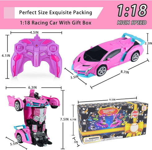 Pink Remote Control Car Toys for Girls 3-12, 2.4Ghz Transformation Robot RC Cars with One-Button Deformation & Drifting