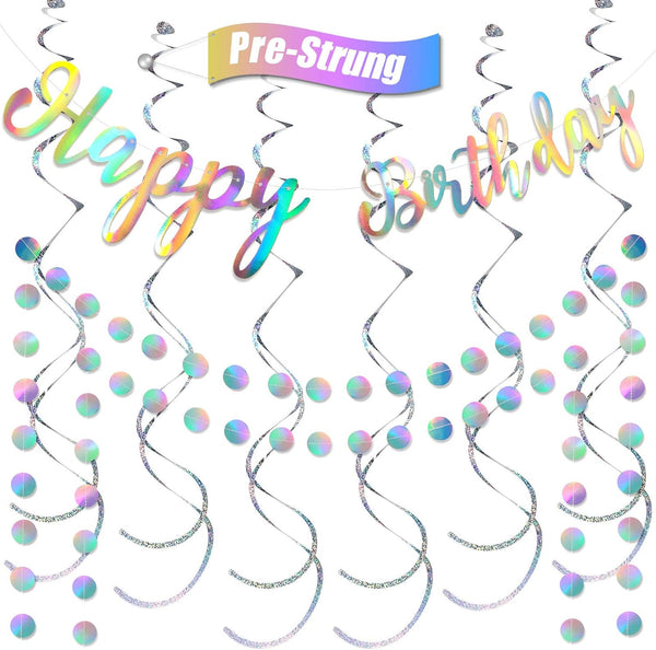 Zonon 9 Pcs Iridescent Party Decoration Disco Happy Birthday Banner, Rainbow Shiny Circle Garlands Holographic Hanging