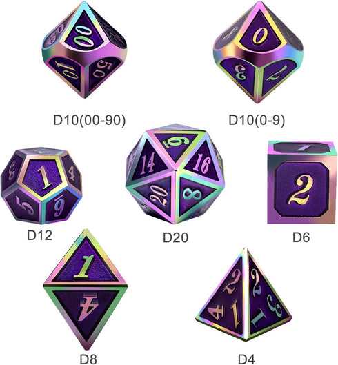 Purple Metal Dice Set D&D - 7 Die Enamel Polyhedral Dice Set with Metal Tin for Role Playing Game