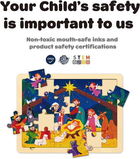 Nativity Scene Kids 24 Piece Puzzle for 3 Year Old, Unique Shape Christmas Wooden Jigsaw for Toddlers