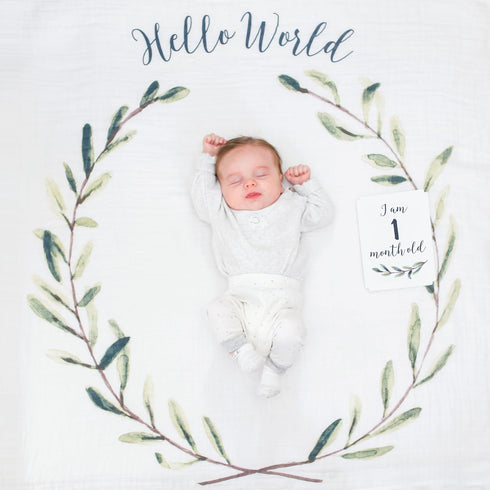 lulujo Baby’s First Year Milestone Blanket and Card Set | 40in x 40in (Hello World)
