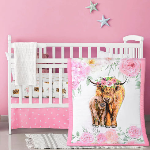 Hahafelt 3 Piece Highland Cow Baby Crib Bedding Set for Baby Girls Pink