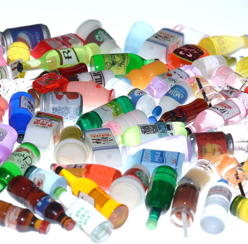 Miniature Food Drink Bottles Pretend Play Kitchen Game Party Toys (10 Bottles + 10 Random Foods)