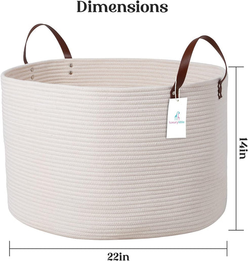 Luxury Extra Large Nursery Storage Basket, 22 x 22 x 14 inches, 100% Cotton Rope with Handles - Off White
