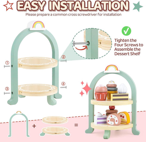 Wooden Cake Toys Tea Party Set - Desserts Food Toy with Cupcake Stand, Pretend Play Kitchen Accessories
