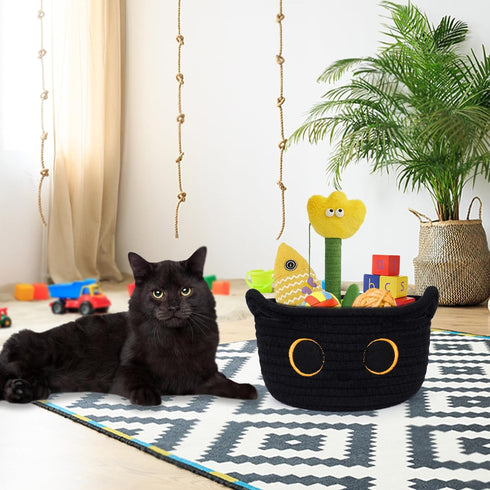 Small Black Cat Cotton Rope Storage Basket - Woven Organizer with Ears for Nursery, Baby Toy Storage, 8.5×4.5 inches