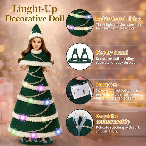 Lady Cat 11.5-Inch Dress,3 Light-Up Decorative Doll with LED Lighting Modes (Slow Flash, Fast Flash, Steady On),Display