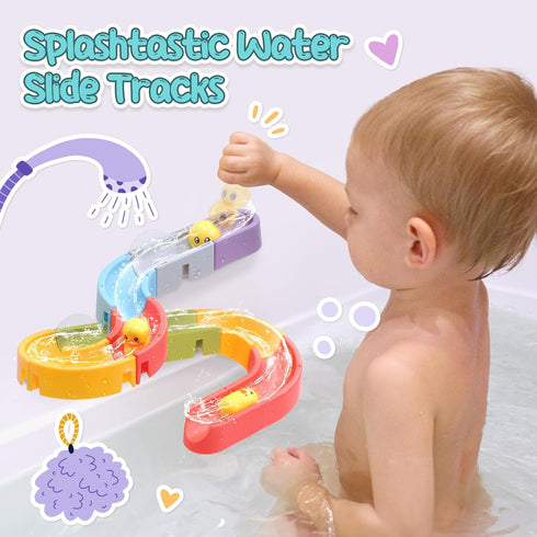 CUTE STONE Baby Bath Toys, No Hole Floating Squirting Bathtub Toy W/ Water Slide Building Track, Duck Fishing Net Game