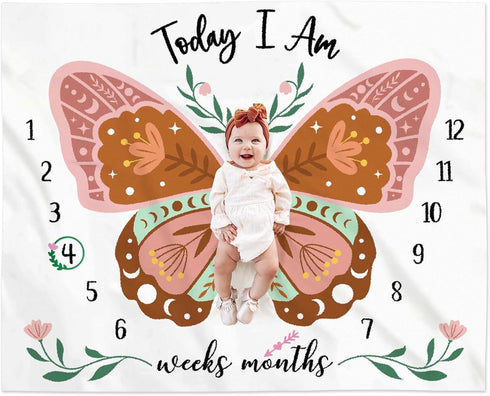 Boho Baby Blanket Butterfly Monthly Milestone Bohemian Floral Girl Photo Prop Sage