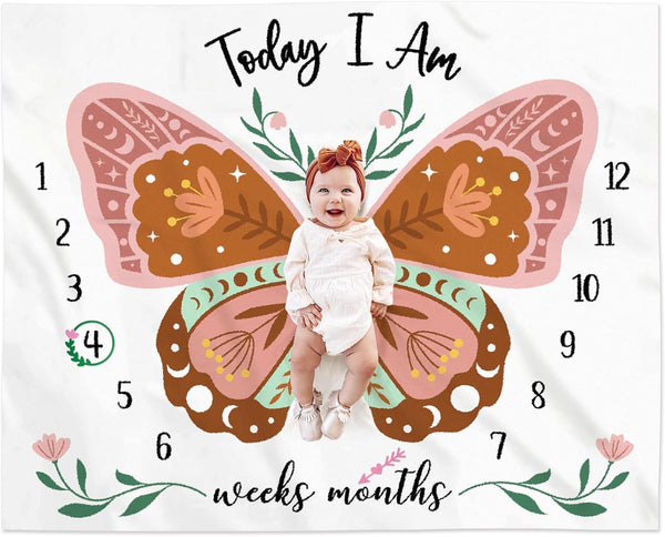 Boho Baby Blanket Butterfly Monthly Milestone Bohemian Floral Girl Photo Prop Sage
