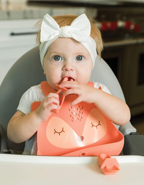 Tiny Twinkle Roll-Up Silicone Bib - Soft, Durable, Easy Clean Waterproof Silicone Bibs With Food Catcher (Coral
