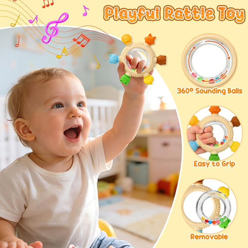 CAHILON 3-6 6-12 Teething Ring Toys Months, BPA-Free Silicone Infant Rattle Teethers for Babies Months, Baby Essentials