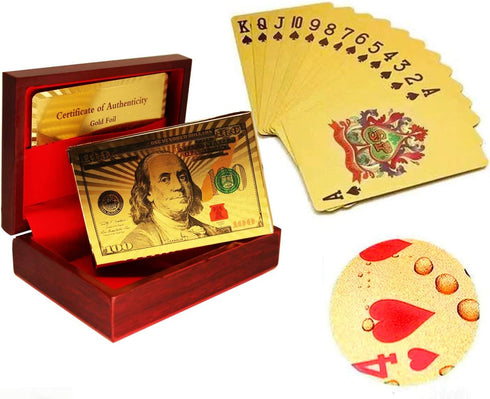 Mahogany Wooden Gift Box Case Holder with Luxury 24k Gold Plated Waterproof Playing Cards, 1 Deck for Poker