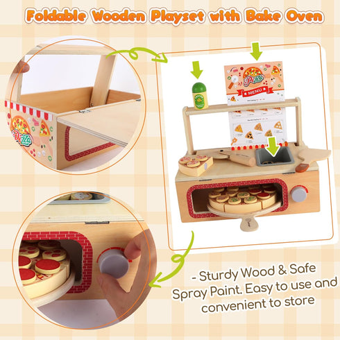 iLuckinSpri Set 68PCS Counter Playset 3+ Wooden Pizza Toy for Kids, Montessori Pretend Play Food Toys, Wooden Pizza