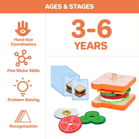 3 4 5 Wooden Sandwich Stacking Toys, Montessori Toys for Toddlers Kitchen Play Food Educational Preschool Learning Toys
