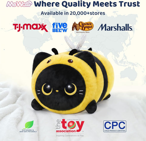 (16 Inch) Mewaii Cute Black Cat Bee Plush Pillow, Kawaii Plushies Bee Stuffed Animal Toy, Kitten Plushies with Honeybee