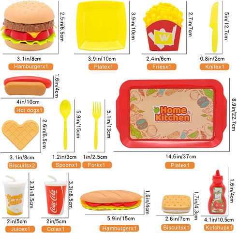 Pretend Play Food Set for Children, 15 PCS Removable Fast Food Playset with Tray