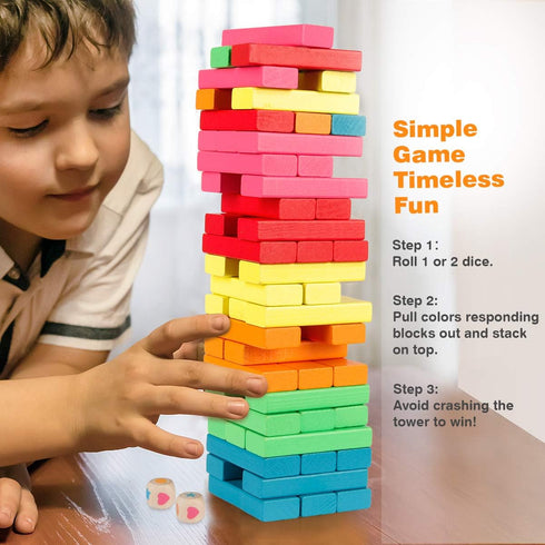 Coogam Wooden Blocks Stacking Game with Storage Bag, Toppling Colorful Tower Building Blocks Balancing Puzzles