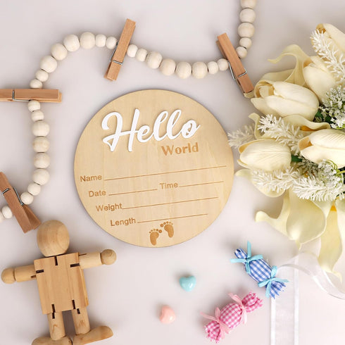 Lemicin 5.9 Inch Baby Birth Announcement Sign Hello World Newborn Name Wooden Plate for Hospital Nursery Birth