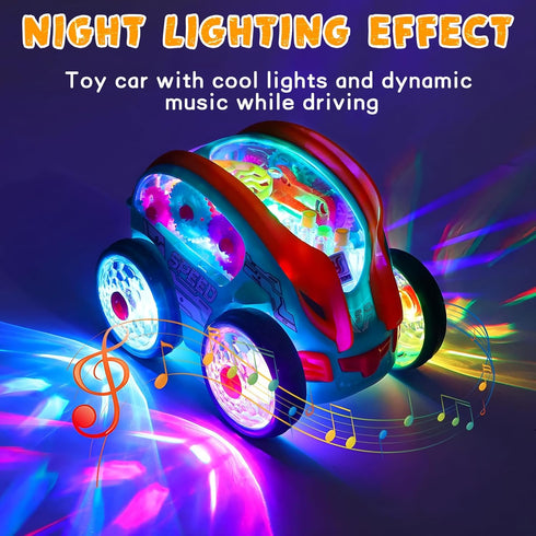 360 1 2 3 4 Light Up Transparent Sensory Car Toy - Standing Rotation Roll Stunt Car, Bump and Go Toy Cars with Colorful