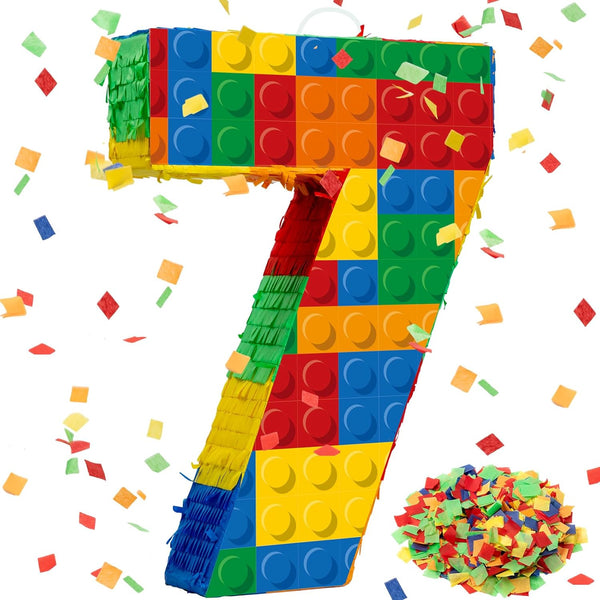 Number 7 Building Blocks Piñata, 16.5 Inch Party Supplies for 7th Birthday Decorations with Confetti Blocks Theme