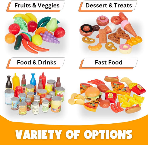 120 Set Piece Deluxe Pretend Play Food Toy Tasty Treats Plastic Cooking and Grocery Shopping Assortment