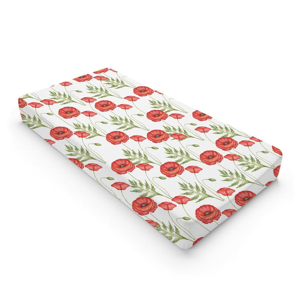 Boho Retro Poppy Flowers Changing Pad Covers, 32''x16'' Red Poppy Floral for Boy Girl, Soft Breathable Sheets