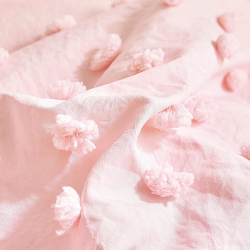4 Set Pieces Tufted Dots Toddler Bedding Solid Pink Jacquard Pom Pom Tufts, Soft and Embroidery Shabby Chic Boho Design