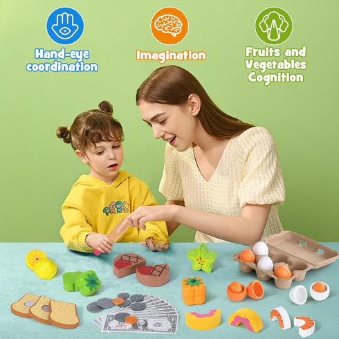 3 4 5 6 Lonico Wooden Play Food Toys for Kids, Market Grocery Store Toys with Snack & Shopping Bag & Apron
