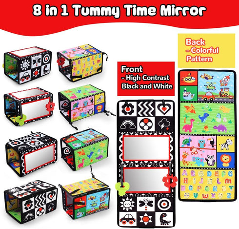 Tummy Time Floor Mirror with Teethers, Double-Sided Baby Mirror Black and White High Contrast Baby Toys for Babies, Baby Montessori Toys Crawling Developmental Newborn Infant Sensory Toys (A-Mirror)