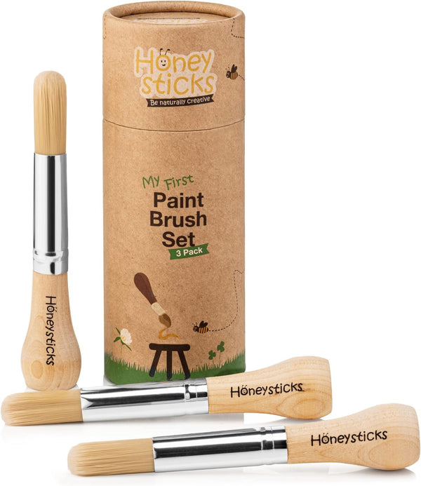 Honeysticks My First Paint Brush Set, 3 Pack Jumbo Brushes for Babies and Toddlers, Vegan with Storage Container