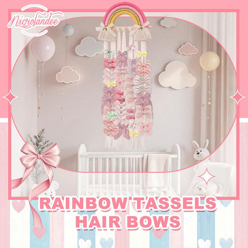 NICROLANDEE Rainbow Tassels Hair Bows Holder, Baby Hair Accessories Storage Organizer for Girls Room Decor (Pink Yellow)