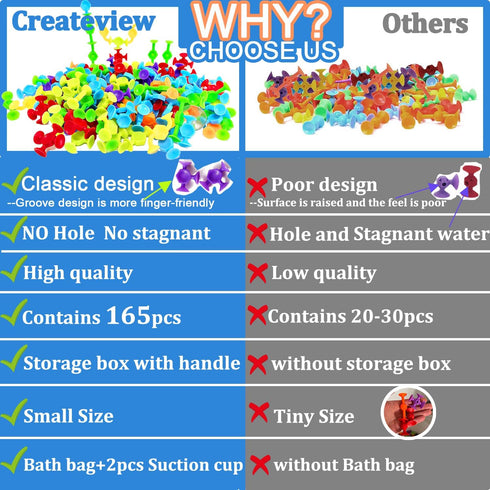 165Pcs 3 4 5 6 Genius Suckers Suction Cup Toys, Bath Sensory Toys for Kids, Colorful Building Toys Party Favor Gift