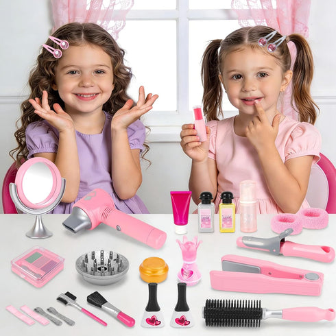 Set Set deAO Hair Salon Toys for Girls Beauty Salon Kids Pretend Hair Styling with Hairdryer, Mirror, Curling Iron