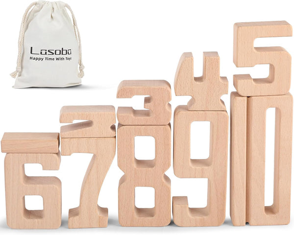 Lasoba Wooden Number Building Blocks, Large Digit Blocks 1-10, 10 Pcs Math Blocks