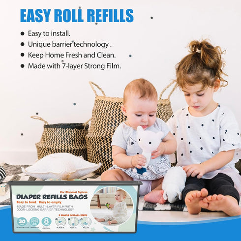 Zippland 30 7-Layer 3 Pack (90 Diaper Pail Refills Bags with Bags Compatible with Genie Easy Roll Signature