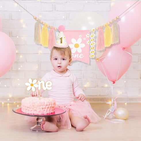 1st Daisy Birthday Decorations Highchair Pink Floral High Chair Banner Boho Flower One Wooden Cake Topper for Pastel