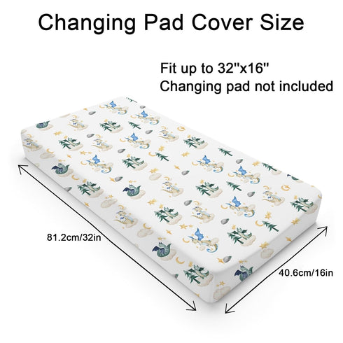 Cartoon Fairy Tale Dragon Moon Stars Clouds Trees Changing Pad Covers Watercolor Dragons Diaper Changing Table Cover Sheets for Boy Girl Soft Stretchy Snug Fitted Baby Changing Pad Mats 32''x16''