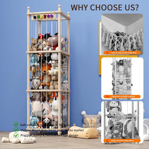 57" 3D Stuffed Animal Storage, Tall Wooden Toy Organizer with Sign, Upgraded Thicker Solid Pine Plushie Holder, Large