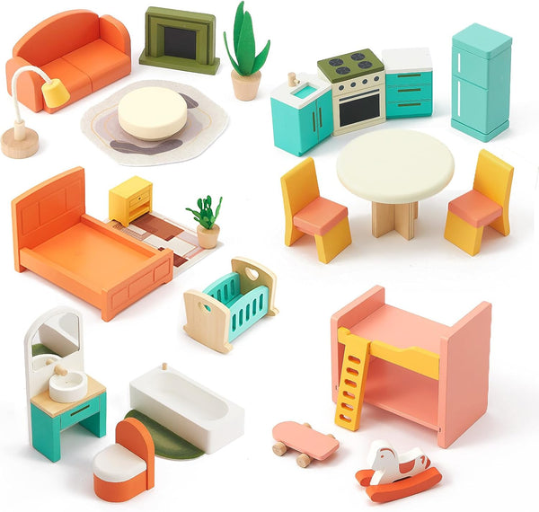 Giant Wooden Dollhouse Furniture Set, 26 Pcs for Kitchen, Living Room, Bedroom, Bathroom, Babyroom, Candy Accessories