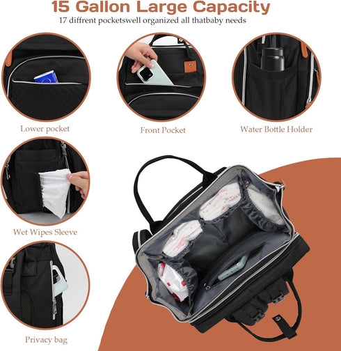 Backpack Diaper Bag for New Parents, Large Capacity Baby Travel Bag with Bottle Holders, Multiple Compartments (Black)