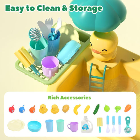 CUTE STONE Play Sink with Running Water - Kitchen Sink Toys with Play Food and Utensils for Children Role Play