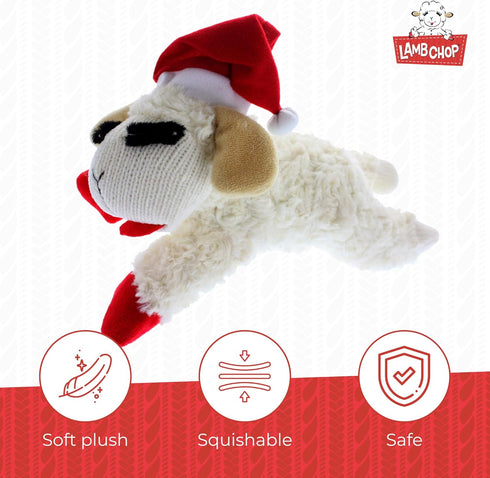 Multipet Lamb Chop Dog Plush Toy with Santa Hat - Squeaky Toy for All Dogs, Extra Soft Plush (10.5”, Cream)