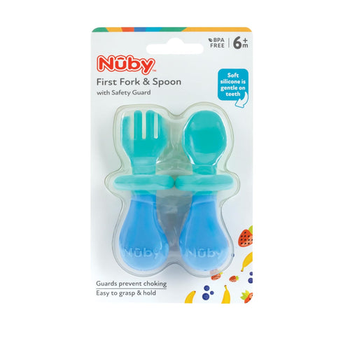 Nuby First Fork and Spoon Set, Utensils with Safety Guards for Babies 6+ Months, Green and Blue
