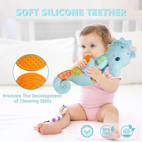 Baby Toys 0-6 Months, Infant Musical Seahorse Stuffed Animals Sensory Toys with Bright Colors, Soft Tummy Time Toy for