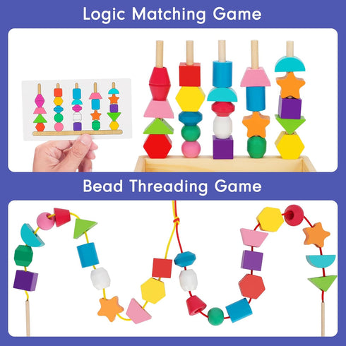Montessori Wooden Lacing Beads Toys for 2-4 Year Olds, Sequencing & Stacking Block Toy with Storage Box