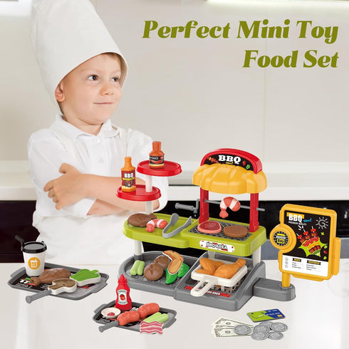 Set: 3+ Kids BBQ Grill Play Coffee, Card Reader, Cash Register, Play Food (Grilled Fish, Wings, Kebabs, Sausages), Play