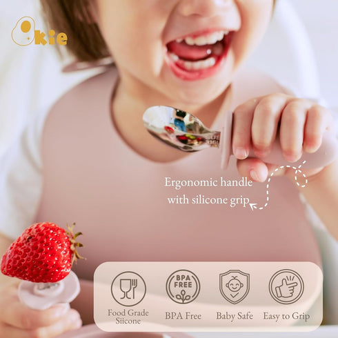 Toddler Utensils, Toddler Forks and Spoons, Baby Spoons Self Feeding, Stainless Steel Baby Silverware with BPA Free Silicone Easy Grip, 8 Months+ by Qkie